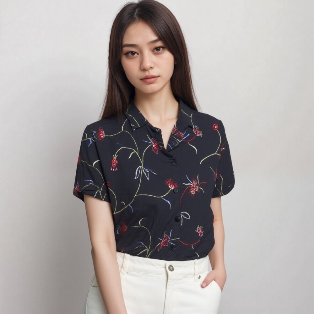 Colorful Floral Embroidery Hearts of Palm Women's Button-Down Short Sleeve Sz 16